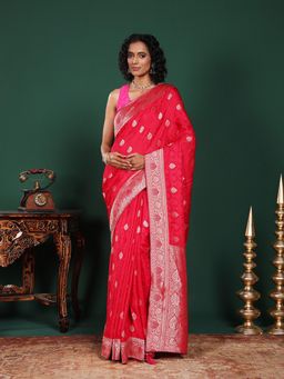 MEENA BAZAAR - Woven Art Silk Red Saree Without Blouse