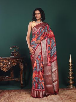 MEENA BAZAAR - Printed Art Silk Maroon Saree Without Blouse