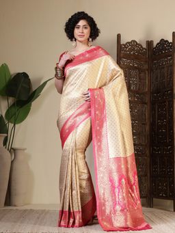 MEENA BAZAAR - Woven Art Silk Beige Saree Without Blouse