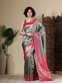 MEENA BAZAAR - Woven Art Silk Green Saree Without Blouse