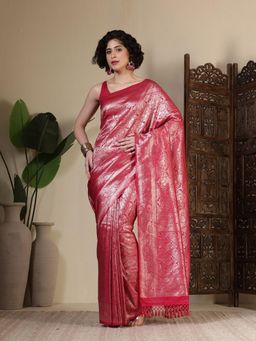 MEENA BAZAAR - Woven Art Silk Pink Saree Without Blouse