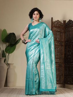 MEENA BAZAAR - Woven Art Silk Blue Saree Without Blouse