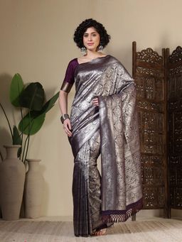 MEENA BAZAAR - Woven Art Silk Wine Saree Without Blouse