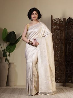 MEENA BAZAAR - Woven Art Silk Cream Saree Without Blouse