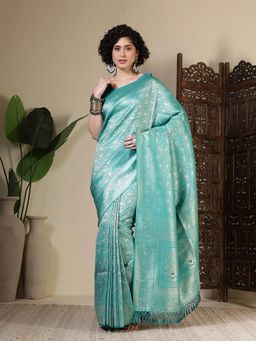 MEENA BAZAAR - Woven Art Silk Blue Saree Without Blouse