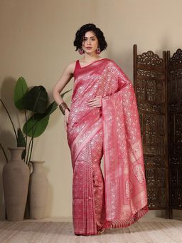 MEENA BAZAAR - Woven Art Silk Pink Saree Without Blouse