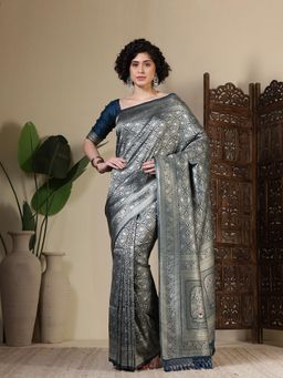 MEENA BAZAAR - Woven Art Silk Teal Saree Without Blouse