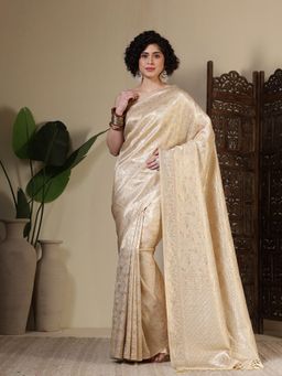 MEENA BAZAAR - Woven Art Silk Beige Saree Without Blouse