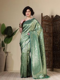 MEENA BAZAAR - Woven Art Silk Green Saree Without Blouse
