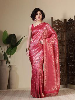 MEENA BAZAAR - Woven Art Silk Pink Saree Without Blouse
