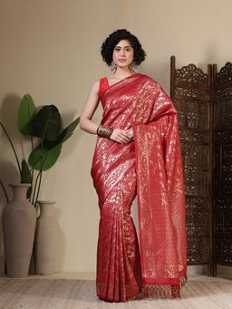 MEENA BAZAAR - Woven Art Silk Red Saree Without Blouse