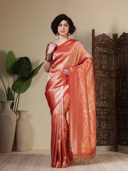 MEENA BAZAAR - Woven Art Silk Rust Saree Without Blouse