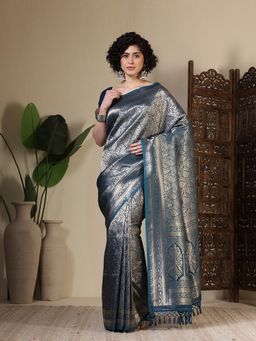 MEENA BAZAAR - Woven Art Silk Teal Saree Without Blouse