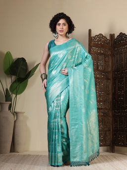 MEENA BAZAAR - Woven Art Silk Blue Saree Without Blouse