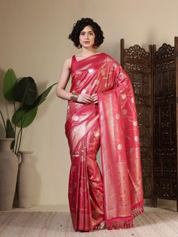 MEENA BAZAAR - Woven Art Silk Pink Saree Without Blouse