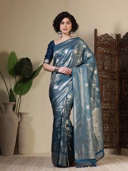 MEENA BAZAAR - Woven Art Silk Teal Saree Without Blouse