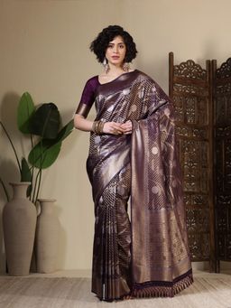 MEENA BAZAAR - Woven Art Silk Wine Saree Without Blouse