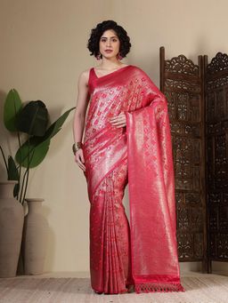 MEENA BAZAAR - Woven Art Silk Pink Saree Without Blouse