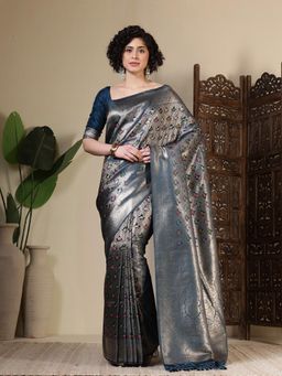 MEENA BAZAAR - Woven Art Silk Blue Saree Without Blouse
