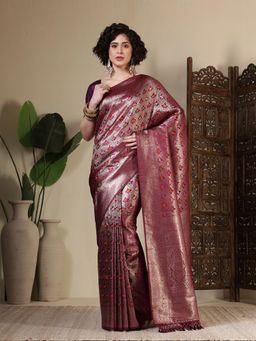 MEENA BAZAAR - Woven Art Silk Wine Saree Without Blouse