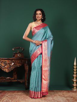 MEENA BAZAAR - Woven Art Silk Blue Saree Without Blouse
