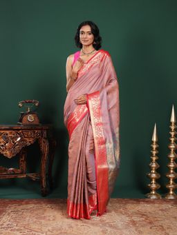 MEENA BAZAAR - Woven Art Silk Peach Saree Without Blouse