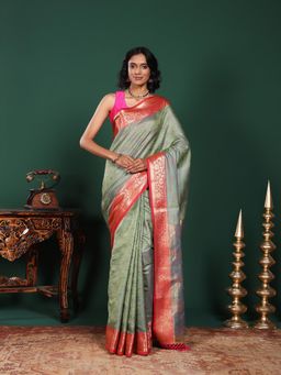 MEENA BAZAAR - Woven Art Silk Green Saree Without Blouse