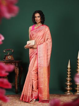 MEENA BAZAAR - Woven Art Silk Peach Saree Without Blouse