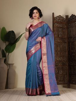 MEENA BAZAAR - Woven Art Silk Blue Saree Without Blouse