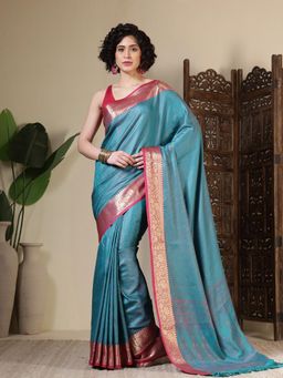 MEENA BAZAAR - Woven Art Silk Blue Saree Without Blouse
