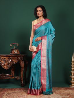 MEENA BAZAAR - Woven Art Silk Blue Saree Without Blouse