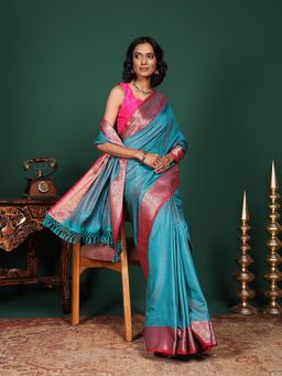 MEENA BAZAAR - Woven Art Silk Teal Saree Without Blouse