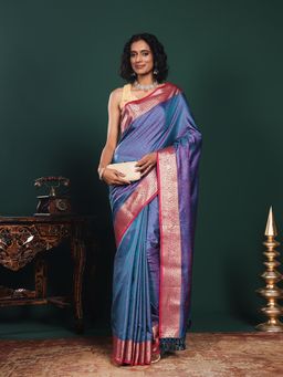 MEENA BAZAAR - Woven Art Silk Blue Saree Without Blouse