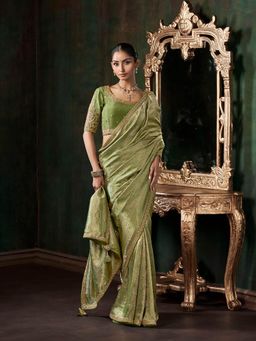 MEENA BAZAAR - Embellished Art Silk Green Saree Without Blouse