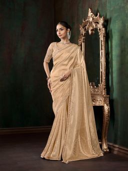 MEENA BAZAAR - Embellished Art Silk Beige Saree Without Blouse