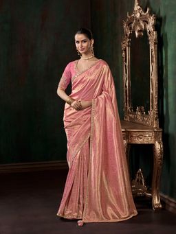 MEENA BAZAAR - Embellished Art Silk Pink Saree Without Blouse