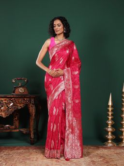 MEENA BAZAAR - Woven Art Silk Pink Saree Without Blouse