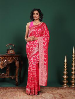 MEENA BAZAAR - Woven Art Silk Pink Saree Without Blouse