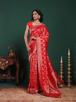 MEENA BAZAAR - Woven Art Silk Red Saree Without Blouse