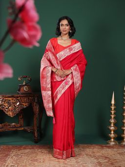 MEENA BAZAAR - Woven Art Silk Red Saree Without Blouse