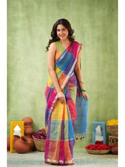 Sutisancha - Color Block Linen Modern Classic Cotton Multi-Color Saree With Unstitched Blouse