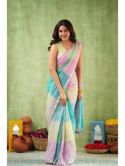 Sutisancha - Color Block Linen Modern Classic Cotton Blue Saree With Unstitched Blouse