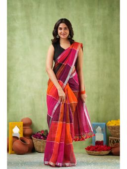 Sutisancha - Color Block Linen Modern Classic Cotton Orange Saree With Unstitched Blouse