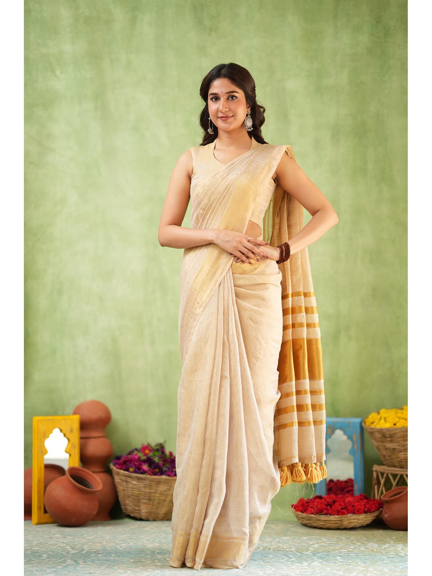 Opulent Golden Border With Tassel Detailing Cotton Linen Saree With Unstitched Blouse-image-2