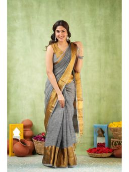 Sutisancha - Lustrous Golden Border Cotton Linen Saree With Unstitched Blouse