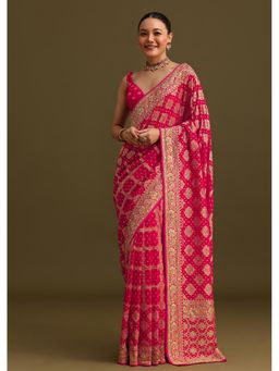 KALKI FASHION - Pink Cutdana Embellished Bandhani Weave Saree With Unstitched Blouse