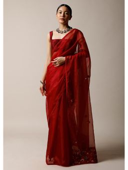 KALKI FASHION - Apple Red Saree In Organza With Bud Embroidered Floral Buttis With Unstitched Blouse