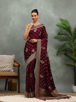 MEENA BAZAAR - Woven Art Silk Wine Saree Without Blouse