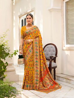 MEENA BAZAAR - Printed Art Silk Mustard Saree Without Blouse