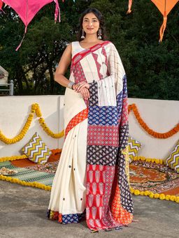 Teejh - Rasvani Off White Applique & Mirror Work Saree With Unstitched Blouse
